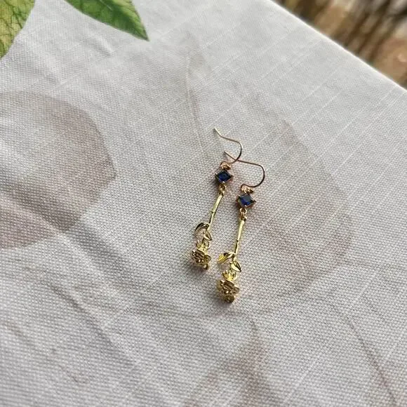Novelty Sapphire Blue Topaz Rose Earrings, Spring Rose Casual Fun Gift Earrings - Picture 6 of 7